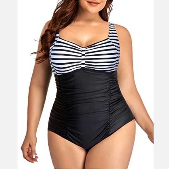 Daci Retro Colorblock Stripes Tummy Control Ruched One Piece Swimsuit Plus 28W - Picture 1 of 13